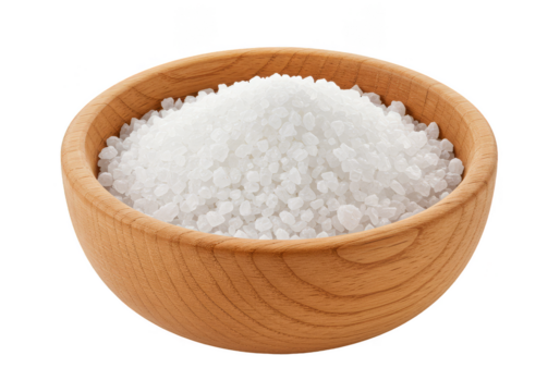 Isolated PNG Image Of Salt Crystals Pile In Wooden Bowl With Transparent Background - Powered by Adobe