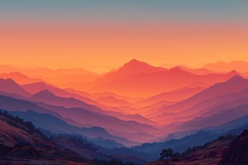 Stunning Sunset Over Mountain Ranges. Serene Landscape with Vibrant Horizon and Soft Light