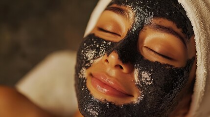 Woman with charcoal facial mask resting peacefully.