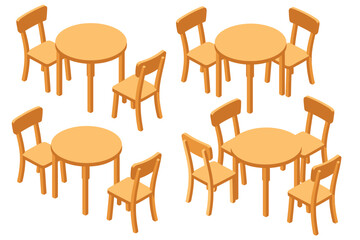 Isometric view of orange wooden round tables with chairs on white background