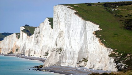 White Cliffs Overlooking The Turquoise Ocean With Green Grass And Blue Sky