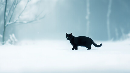 雪の中を歩く猫