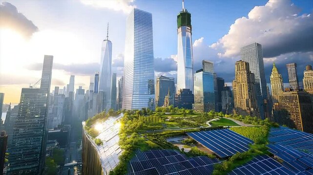 Sustainable urban skyline with rooftop greenery and solar panels