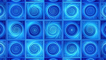 Abstract Blue Square Tiles With Nested Spirals Rotating Alternating Directions