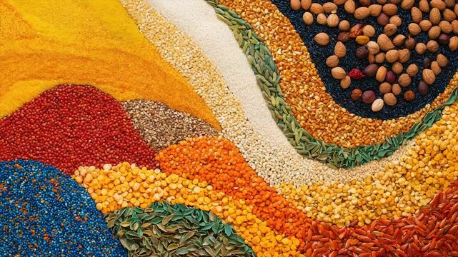 Colorful array of grains, legumes, and seeds arranged in flowing patterns