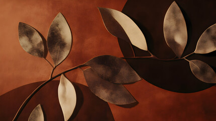 Artistic depiction of bronze leaves against a rich, textured ochre backdrop creating a warm, earthy botanical art