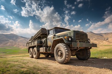 Obraz premium Military Truck with Missile Launcher in Mountain Landscape.