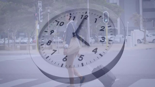 Businesswoman stepping onto crosswalk using clock technology, pulling suitcase, reaching sidewalk
