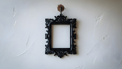 Black silhouette of an ornate baroque picture frame hanging crookedly from a rustic nail on a pure white background, emphasizing themes of memory, absence, and decorative historical emptiness