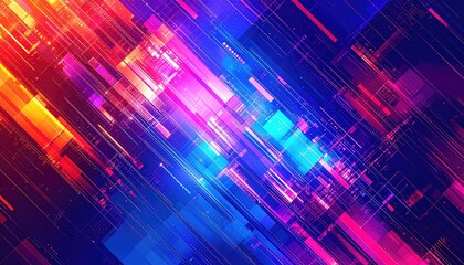 Abstract Digital Glitch Art Background In Red And Blue Tones with Diagonal Geometric Shapes and Bright Lights