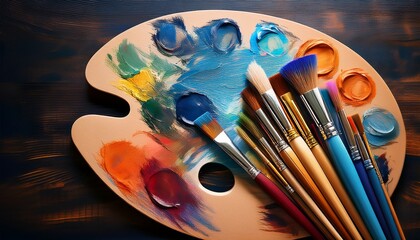 Obraz premium paint brushes and palette on canvas, artistic 