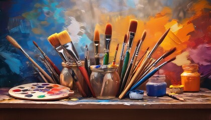 Fototapeta premium paint brushes and palette on canvas, artistic 
