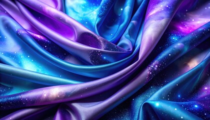 Abstract Fabric with Digital Galaxy Print Displaying Purple and Blue Hues and Starry Effect