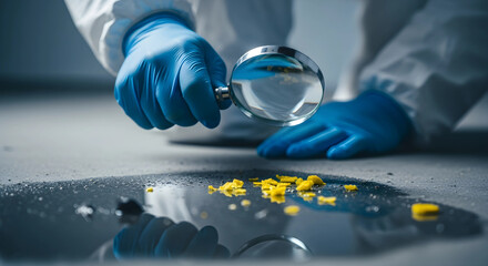 Person Investigating Yellow Debris with Magnifying Glass