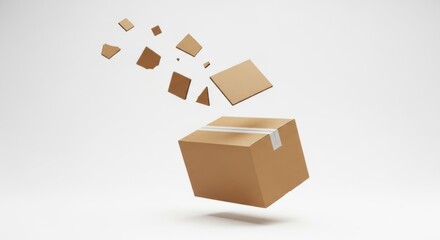 Obraz premium Cardboard box breaking apart mid air against a white background