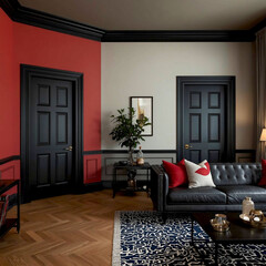 Modern living room, masculine style, black and red decoration