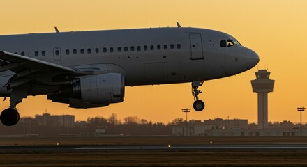 Obraz premium Airplane landing sunset airport silhouette