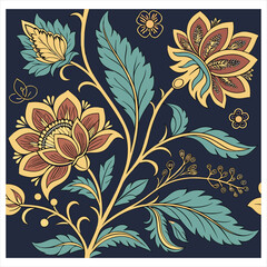 Charming bird perched on a blooming branch with delicate flowers and berries on a dark blue background