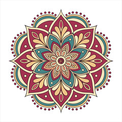 Intricate floral mandala design with pink and teal colors on white background