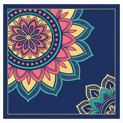 Intricate floral mandala design with pink and teal colors on white background