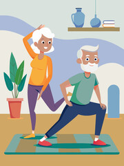 Elderly couple stretching on yoga mats in a bright fitness space, showcasing healthy lifestyle habits and joyful exercise routines for seniors with copy space