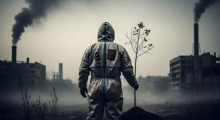 Person in Hazmat Suit Holding Sapling Near Factory