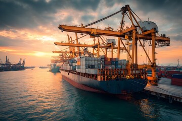 Cargo Ship Loading at Sunset.