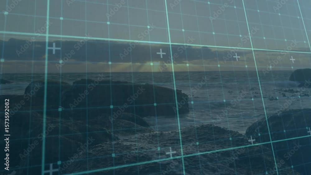 Poster waves lapping rocks causing grid overlay shifting and pulsing visualizing coastal scene at sunset