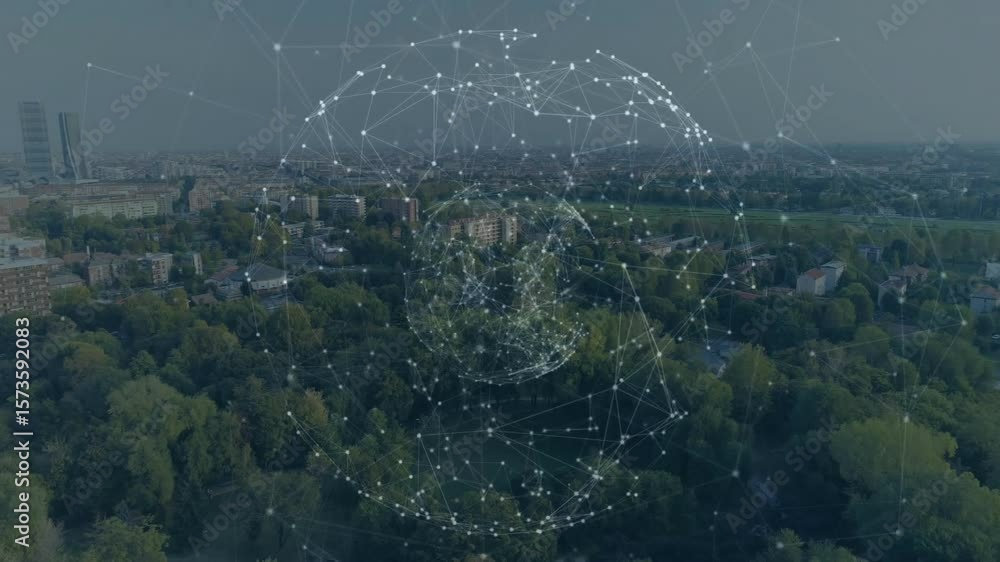 Poster digital sphere appearing over park canopy forming layers pulsing and rotating visualizing city data
