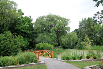 Summer landscape with bridge in the park