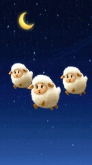 Cute cartoon sheep floating in night sky