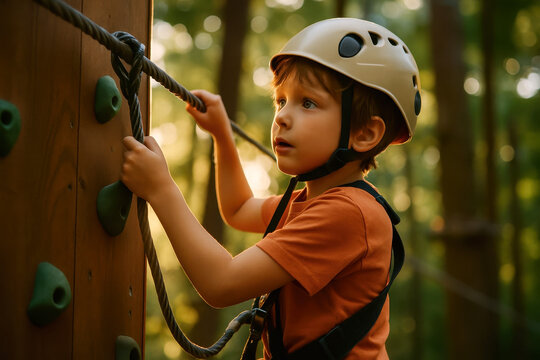 Child In Orange Helmet Climbing Rope Course On Wooden Wall In Forest During Summer Challenge