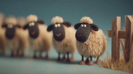 Sheep figures in row with fence