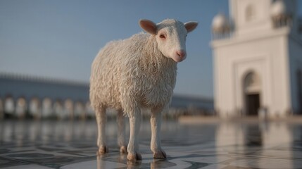 White sheep in front of a building