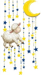 Cute cartoon sheep night sky illustration