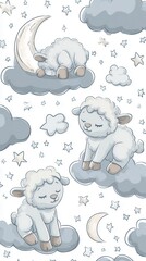 Cute sheep sleeping on clouds pattern