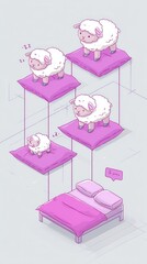 Cute sheep floating on pillows above bed