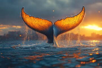 Majestic Whale Tail Splashes in Sunset-lit Ocean Waters