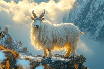 Majestic Mountain Goat Standing on Rocky Outcrop Against Scenic Horizon
