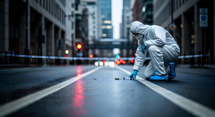 Person in Hazmat Suit Investigating Object on Street
