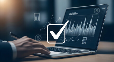 Laptop with Checkmark and Tax Data Graphic