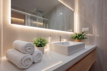 Modern Bathroom Design with Towels and Greenery in Bright Space