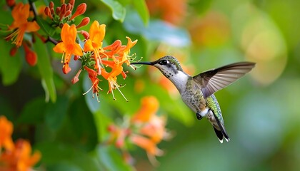 Naklejka premium A hummingbird hovers near vibrant orange flowers