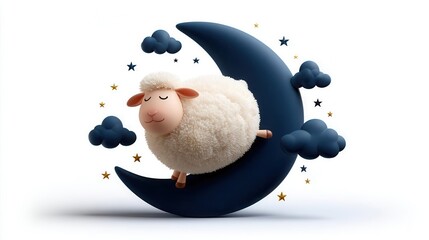 Sheep sleeping on crescent moon illustration