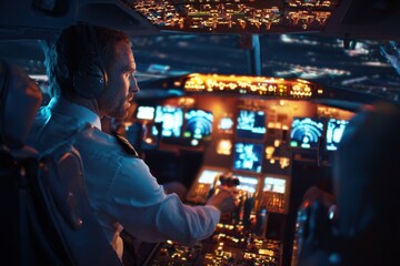 Pilot in Cockpit Operating Controls During Night Flight Session