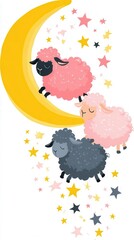 Cute cartoon sheep on moon with stars