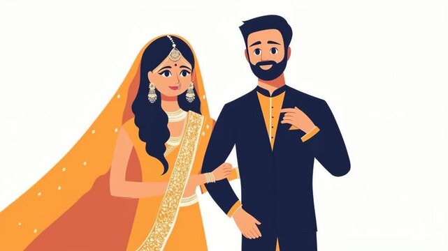 Illustrated Indian couple in traditional wedding attire
