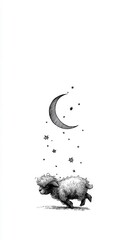 Sheep running under a crescent moon