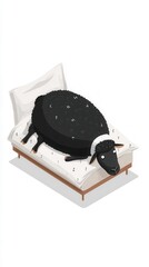 Black sheep sleeping in bed illustration