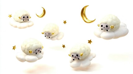 Cute cartoon sheep floating on clouds